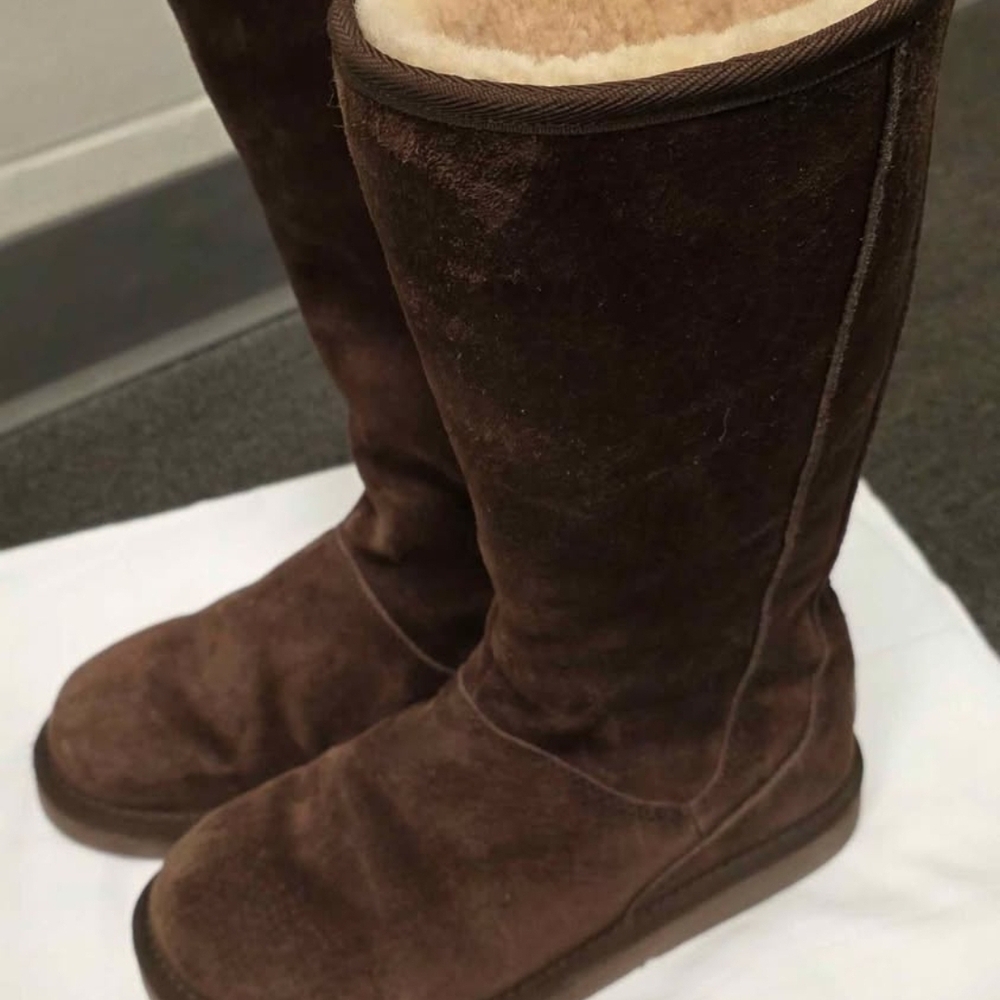 Brown Suede, High Calf UGG Boots With Back Zipper.